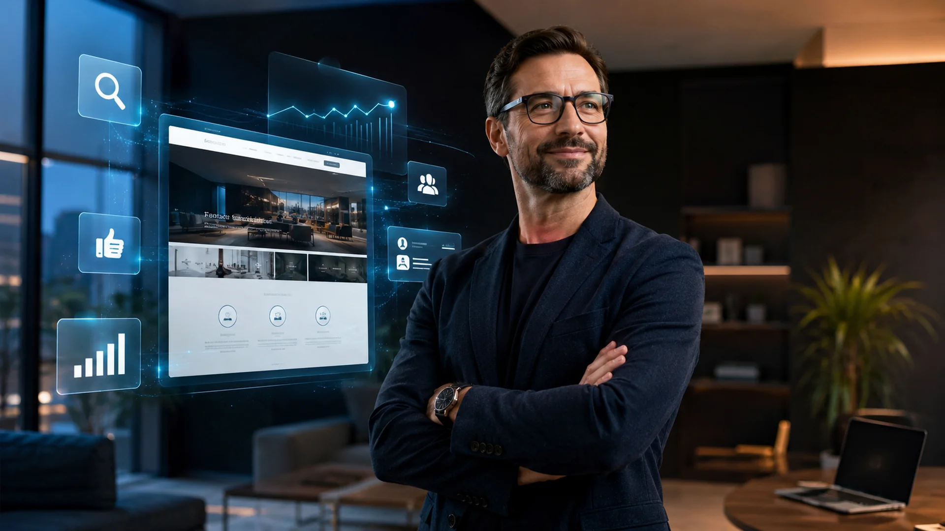 Propriétaire d'entreprise confiant avec une présence numérique complète